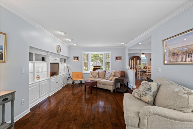 3 Colonial Dr, Clinton, CT 06413 - living room with dark wood-style flooring, ornamental molding, recessed lighting, and a baseboard radiator