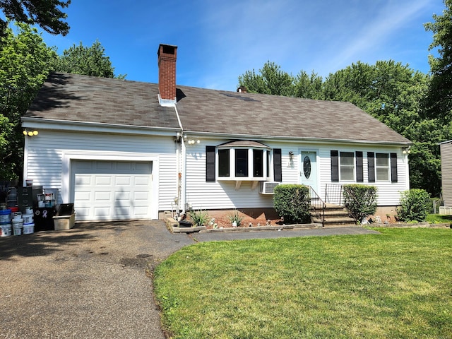 148 Millbrook Rd, Meriden, CT 06450 - view of front of property with a chimney, a garage, driveway, a front yard, and a shingled roof