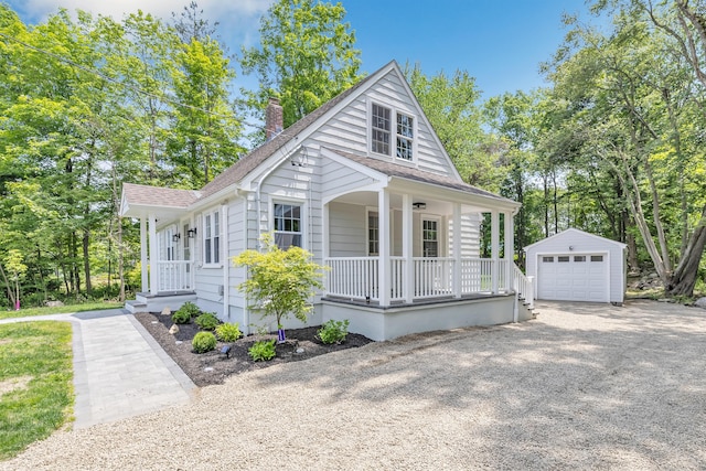 189 Tashua Rd, Trumbull, CT 06611 - bungalow-style house with covered porch, an outbuilding, a garage, a shingled roof, and a chimney