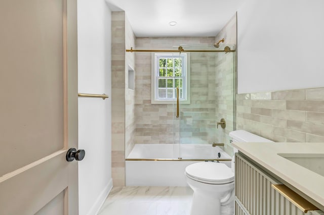 189 Tashua Rd, Trumbull, CT 06611 - bathroom featuring tile walls, enclosed tub / shower combo, vanity, and marble finish flooring