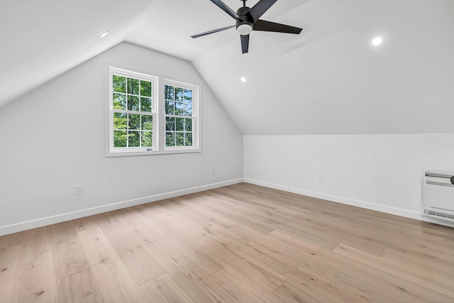 189 Tashua Rd, Trumbull, CT 06611 - additional living space with heating unit, a ceiling fan, lofted ceiling, light wood-style flooring, and recessed lighting