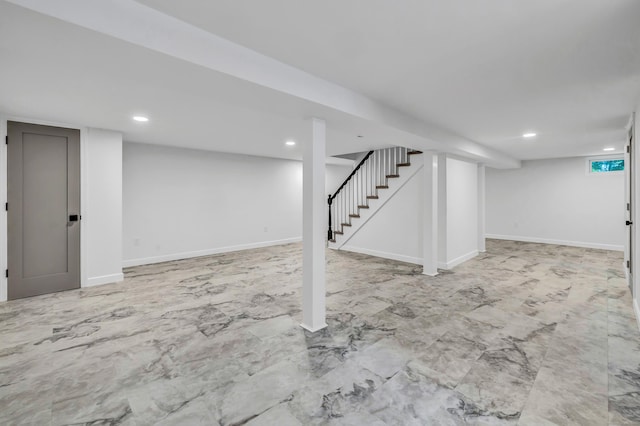 189 Tashua Rd, Trumbull, CT 06611 - finished basement with stairway, recessed lighting, and marble look tiles