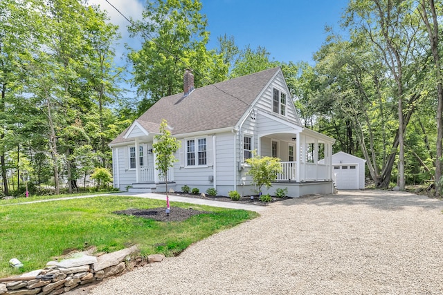 189 Tashua Rd, Trumbull, CT 06611 - view of front of house featuring an outdoor structure, a chimney, covered porch, a garage, and a shingled roof