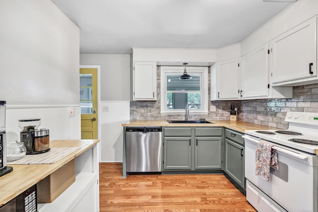 55 Osborne St, Stratford, CT 06614 - kitchen featuring white electric stove, dishwasher, gray cabinetry, white cabinetry, and light wood-style flooring