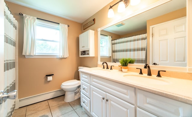 1 Trumbull St, Vernon, CT 06066 - bathroom featuring a baseboard heating unit, double vanity, toilet, tile patterned flooring, and curtained shower