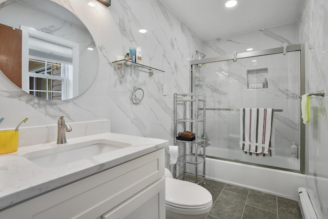 41 Alpine Rd, Monroe, CT 06468 - bathroom with a baseboard radiator, toilet, vanity, bath / shower combo with glass door, and recessed lighting