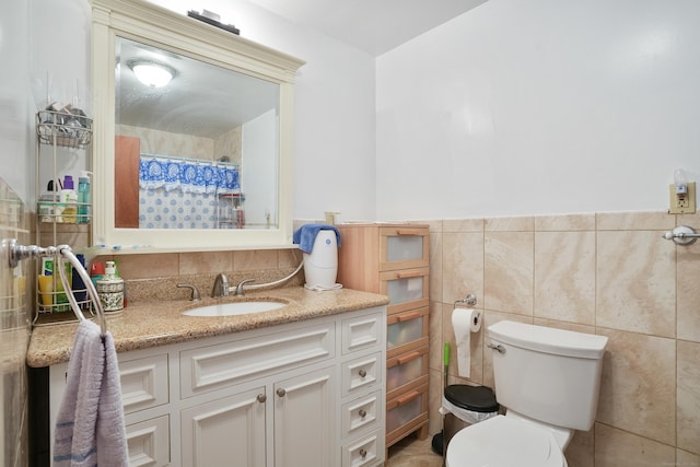 41 Alpine Rd, Monroe, CT 06468 - bathroom with toilet, vanity, tile walls, and a shower with shower curtain