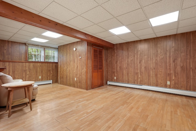 41 Alpine Rd, Monroe, CT 06468 - sitting room featuring a baseboard radiator, a drop ceiling, wood walls, and wood finished floors