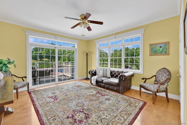 197 Shadow Pond Ln, Suffield, CT 06078 - living area featuring crown molding, a ceiling fan, light wood-style floors, and baseboards