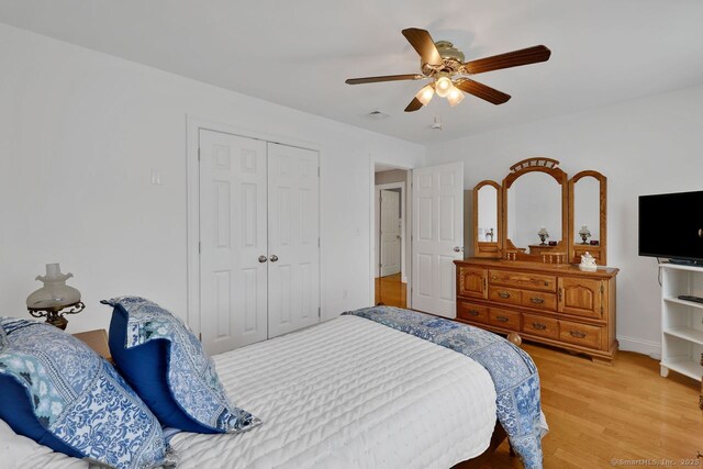 197 Shadow Pond Ln, Suffield, CT 06078 - bedroom with light wood-style flooring, a closet, ceiling fan, and baseboards