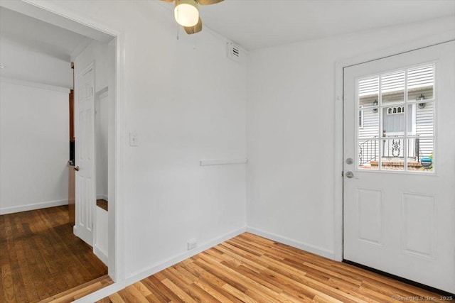 37 Park Ave, Hamden, CT 06517 - doorway with light wood-style floors, ceiling fan, and baseboards