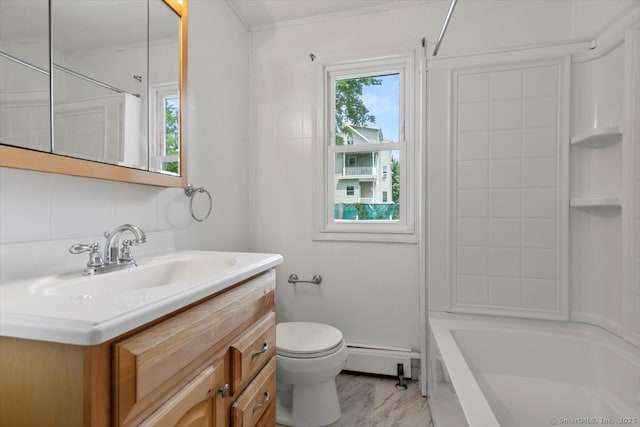 37 Park Ave, Hamden, CT 06517 - full bath with a baseboard radiator, vanity, toilet, marble finish flooring, and bathtub / shower combination