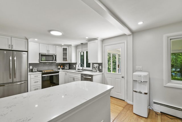 63 Paul Ter, Southington, CT 06489 - kitchen with stainless steel appliances, baseboard heating, tasteful backsplash, a sink, and white cabinets