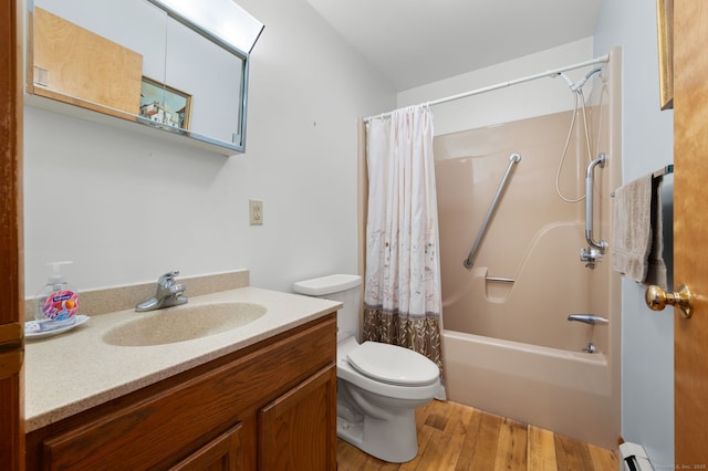 7 Wawecus Hill Rd, Bozrah, CT 06334 - bathroom with a baseboard radiator, toilet, shower / bath combo, vanity, and wood finished floors