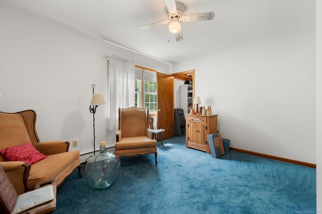 7 Wawecus Hill Rd, Bozrah, CT 06334 - sitting room featuring a baseboard heating unit, ceiling fan, carpet floors, and baseboards