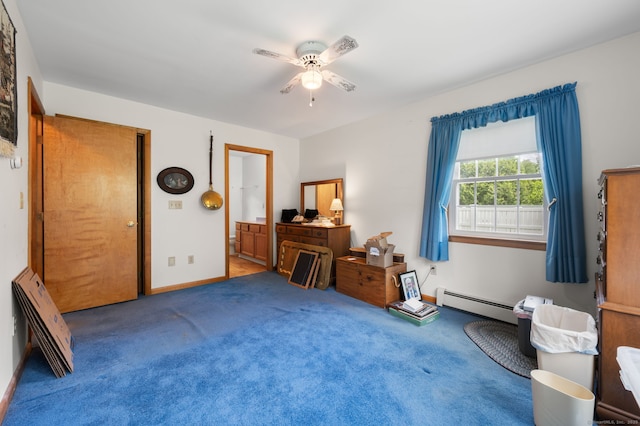 7 Wawecus Hill Rd, Bozrah, CT 06334 - carpeted bedroom featuring a baseboard radiator, ceiling fan, baseboards, and connected bathroom