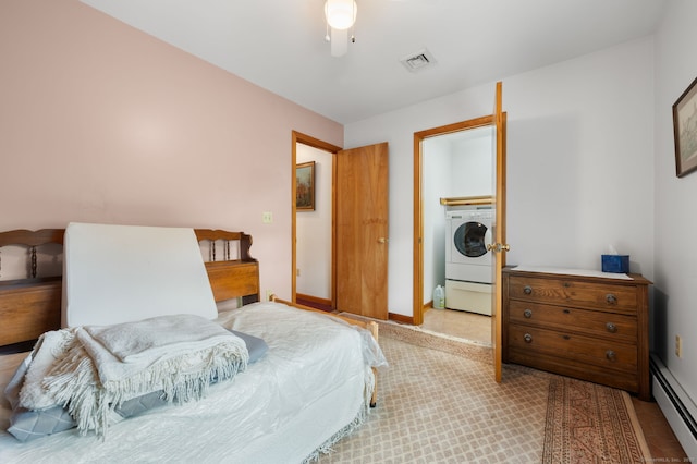 7 Wawecus Hill Rd, Bozrah, CT 06334 - bedroom featuring a baseboard heating unit, washer / clothes dryer, ceiling fan, light carpet, and baseboards