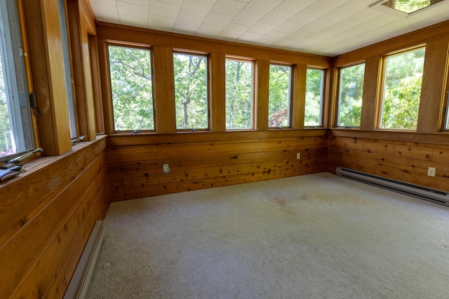 121 Warren Ave, Groton, CT 06355 - unfurnished sunroom with healthy amount of natural light, a baseboard radiator, carpet, and wooden walls