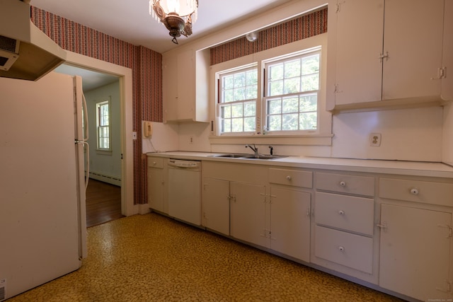 121 Warren Ave, Groton, CT 06355 - kitchen with white appliances, a sink, baseboard heating, light countertops, and extractor fan
