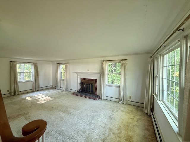 49 Carver Cir, Simsbury, CT 06070 - unfurnished living room with carpet flooring, a baseboard heating unit, and a brick fireplace