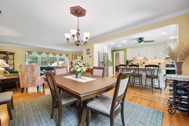 26 Dale Rd, Trumbull, CT 06611 - dining room with a chandelier, light wood-style flooring, ornamental molding, a ceiling fan, and recessed lighting