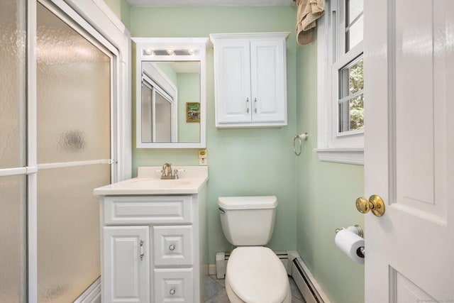 26 Dale Rd, Trumbull, CT 06611 - bathroom with toilet, baseboard heating, a shower stall, vanity, and a baseboard heating unit
