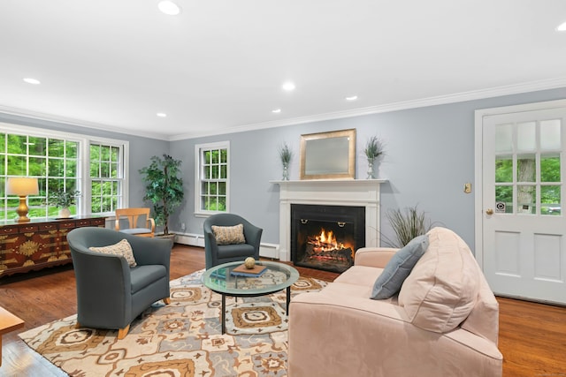 1111 Merwins Ln, Fairfield, CT 06824 - living area with crown molding, a warm lit fireplace, recessed lighting, wood finished floors, and a baseboard heating unit