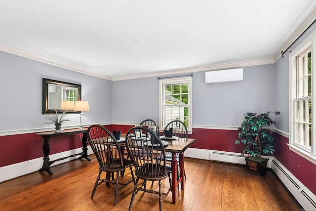 1111 Merwins Ln, Fairfield, CT 06824 - dining space with a wall mounted AC, healthy amount of natural light, a baseboard radiator, ornamental molding, and wood finished floors