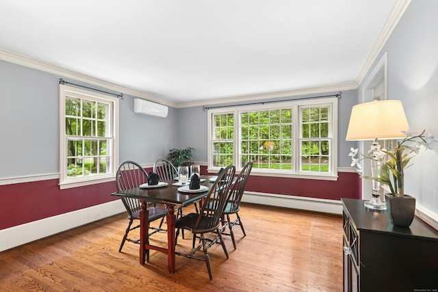 1111 Merwins Ln, Fairfield, CT 06824 - dining room with a baseboard heating unit, crown molding, light wood-style floors, a wall mounted air conditioner, and baseboards