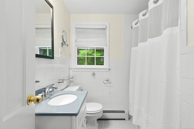 1111 Merwins Ln, Fairfield, CT 06824 - bathroom featuring a baseboard radiator, tile walls, toilet, vanity, and tile patterned flooring