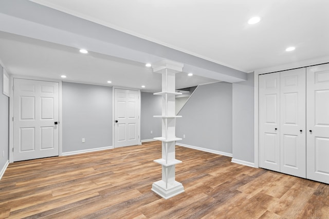 1111 Merwins Ln, Fairfield, CT 06824 - finished basement featuring baseboards, light wood finished floors, and recessed lighting