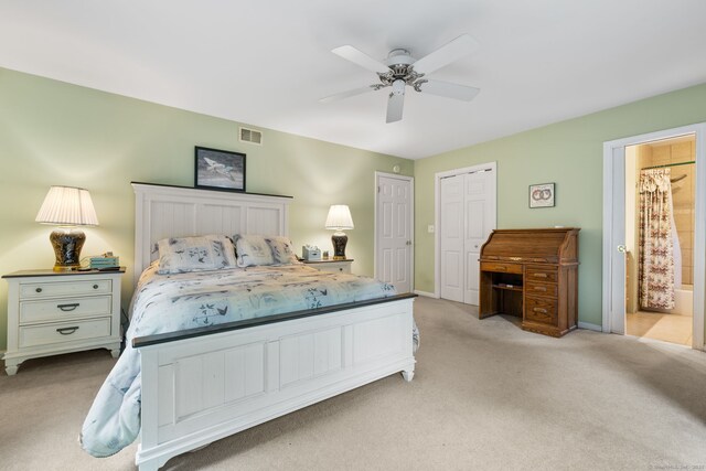 39 Munn Rd, Southbury, CT 06488 - bedroom with light carpet, ceiling fan, ensuite bathroom, and baseboards