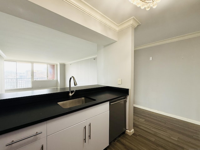 25 Forest St Unit 11A, Stamford, CT 06901 - kitchen with a sink, crown molding, stainless steel dishwasher, dark wood-type flooring, and dark countertops