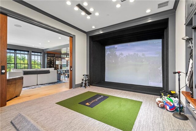 66 High St Unit 17, Guilford, CT 06437 - rec room with golf simulator, ornamental molding, recessed lighting, and wood finished floors