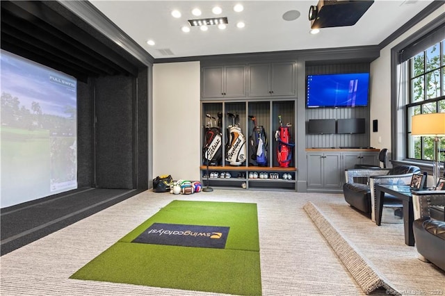 66 High St Unit 17, Guilford, CT 06437 - recreation room with carpet flooring, golf simulator, recessed lighting, and ornamental molding