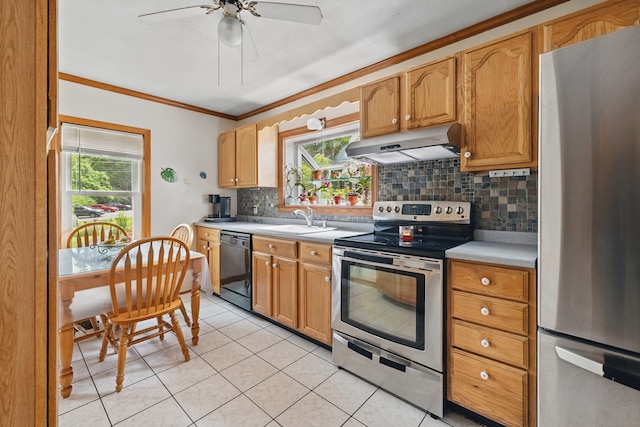687 Beacon Valley Rd, Naugatuck, CT 06770 - kitchen featuring stainless steel appliances, under cabinet range hood, a sink, decorative backsplash, and ornamental molding