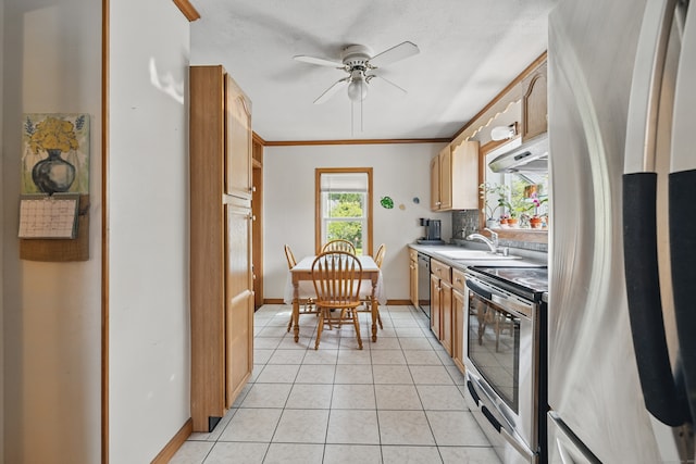 687 Beacon Valley Rd, Naugatuck, CT 06770 - kitchen with stainless steel appliances, under cabinet range hood, ceiling fan, light tile patterned floors, and baseboards