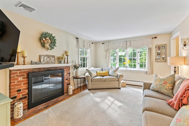 17 Stockade Rd, Simsbury, CT 06092 - carpeted living room with a baseboard heating unit and a fireplace