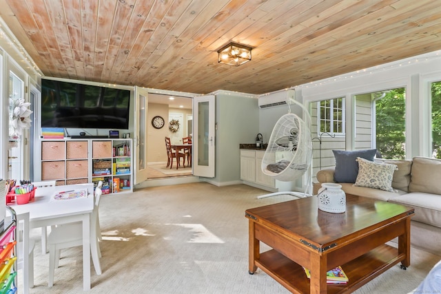 17 Stockade Rd, Simsbury, CT 06092 - living room with wooden ceiling, a wall mounted AC, and light carpet