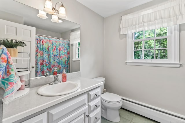 17 Stockade Rd, Simsbury, CT 06092 - bathroom with a baseboard radiator, toilet, vanity, a chandelier, and tile patterned flooring