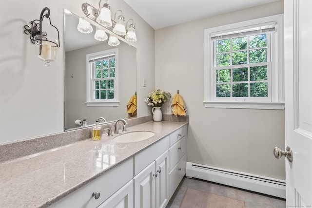 17 Stockade Rd, Simsbury, CT 06092 - bathroom with a baseboard radiator, vanity, and tile patterned flooring