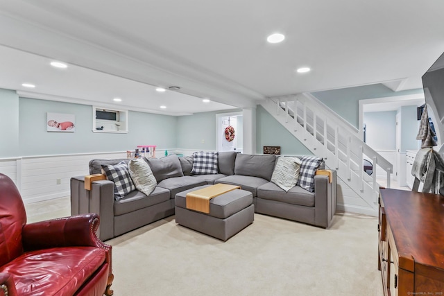 17 Stockade Rd, Simsbury, CT 06092 - living room with stairway, light carpet, and recessed lighting