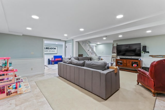 17 Stockade Rd, Simsbury, CT 06092 - living room featuring wainscoting, stairway, and recessed lighting