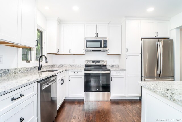 4 Deer Run Trl, Sherman, CT 06784 - kitchen featuring stainless steel appliances, white cabinetry, a sink, dark wood finished floors, and light stone countertops