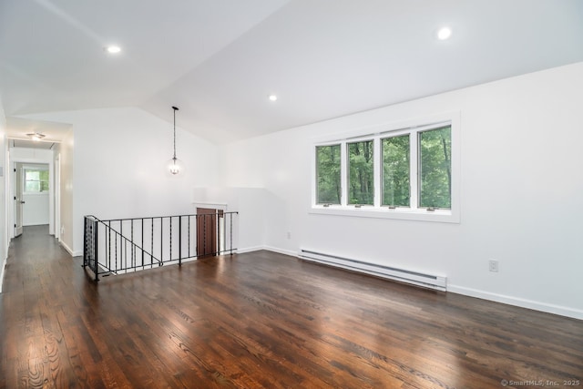 4 Deer Run Trl, Sherman, CT 06784 - empty room featuring a baseboard heating unit, lofted ceiling, dark wood-style flooring, baseboards, and recessed lighting