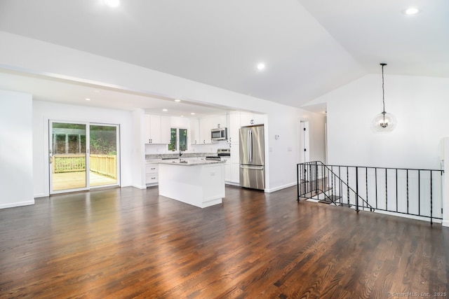 4 Deer Run Trl, Sherman, CT 06784 - unfurnished living room featuring dark wood-style floors, vaulted ceiling, recessed lighting, a sink, and baseboards