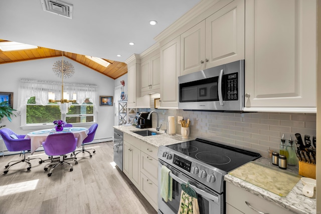 27 N Rd, Waterford, CT 06385 - kitchen with appliances with stainless steel finishes, a sink, light wood-style floors, vaulted ceiling, and wood ceiling