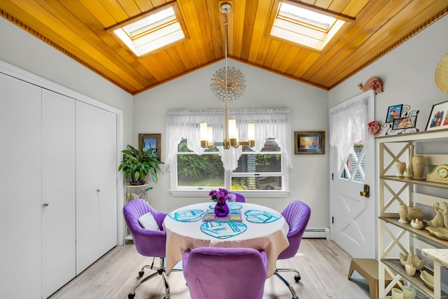 27 N Rd, Waterford, CT 06385 - dining room featuring a skylight, wooden ceiling, a chandelier, wood finished floors, and lofted ceiling
