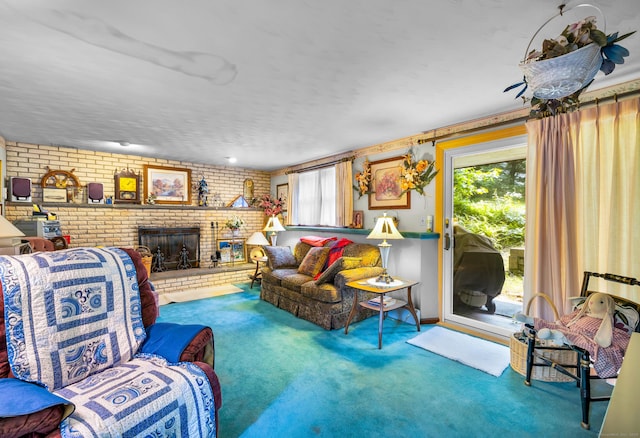 27 N Rd, Waterford, CT 06385 - living room with brick wall, carpet flooring, and a brick fireplace