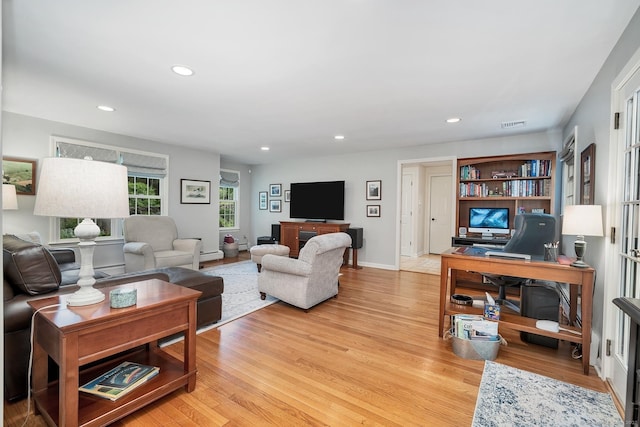 67 Great Hill Rd, Ridgefield, CT 06877 - living room featuring light wood-style floors, recessed lighting, a desk, a baseboard heating unit, and baseboards